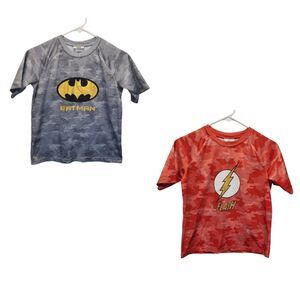 Lot of 2 DC Comics Boys Batman & Flash Logo S/S Pajama/Casual Shirts MED 10/12